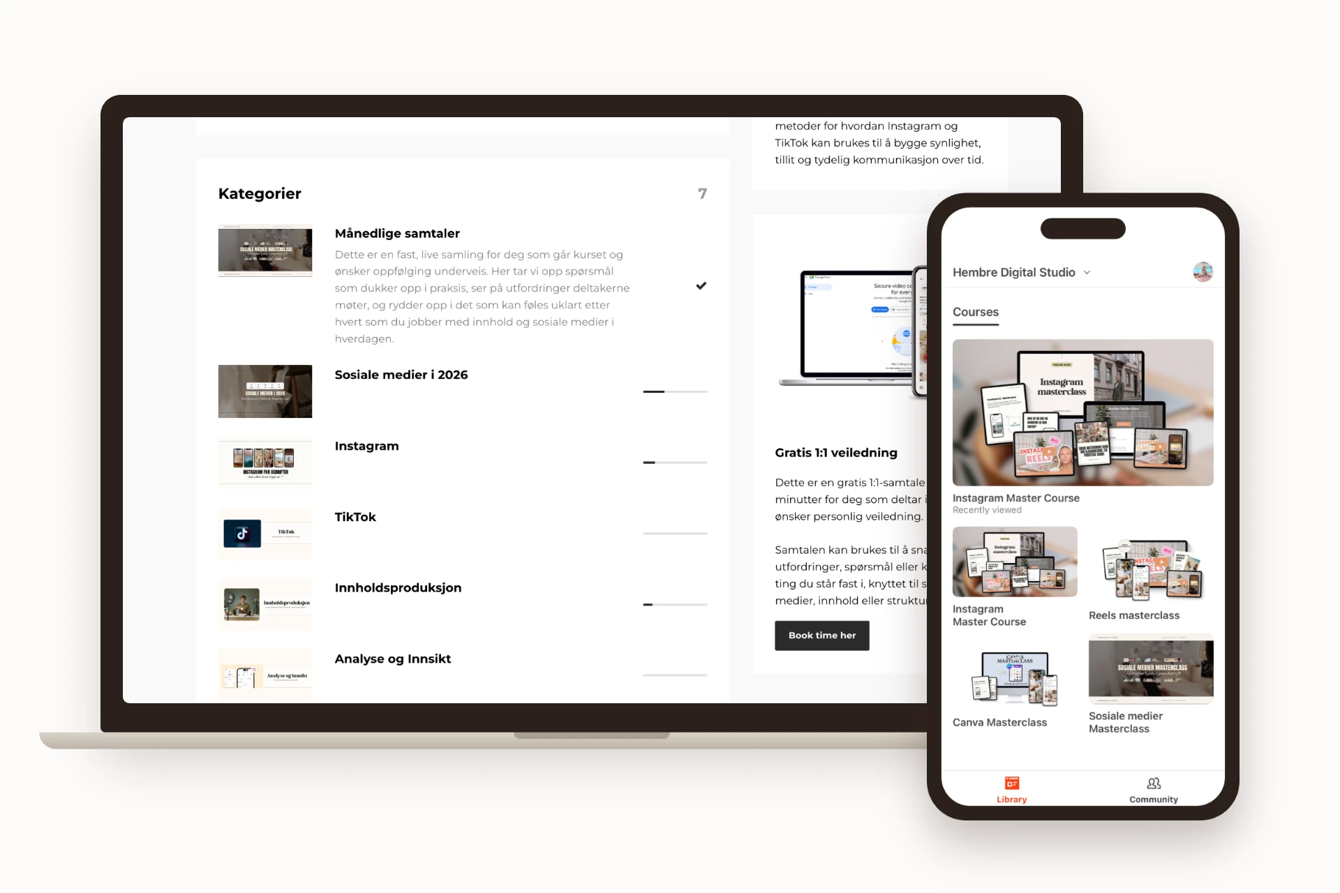 Kursplattformen til Hembre Digital Academy vist på laptop og mobil