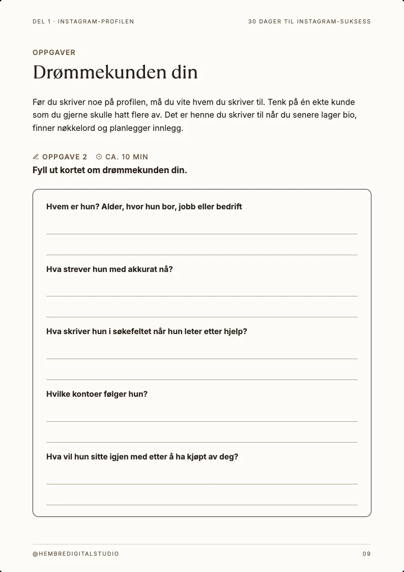Side fra arbeidsboken: Instagram-profilen