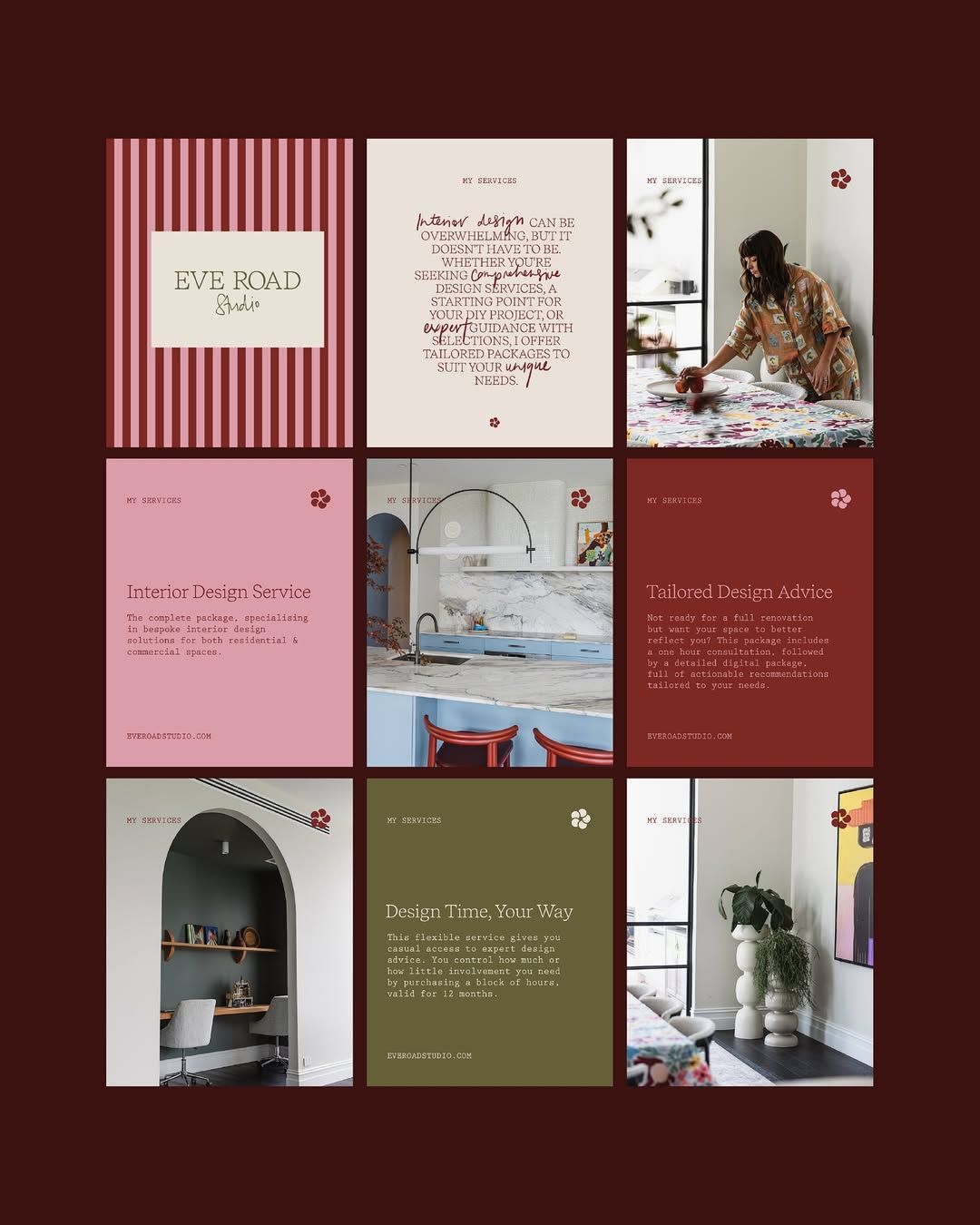 Instagram-feed for et interiørstudio, ni innlegg i rutenett