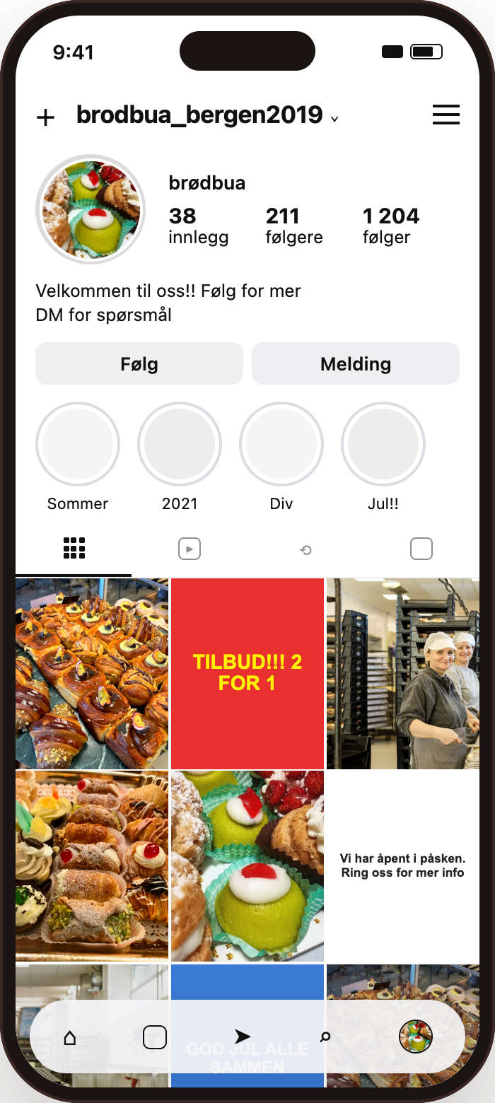 Før: Brødbua med tilfeldige bilder og en utydelig bio