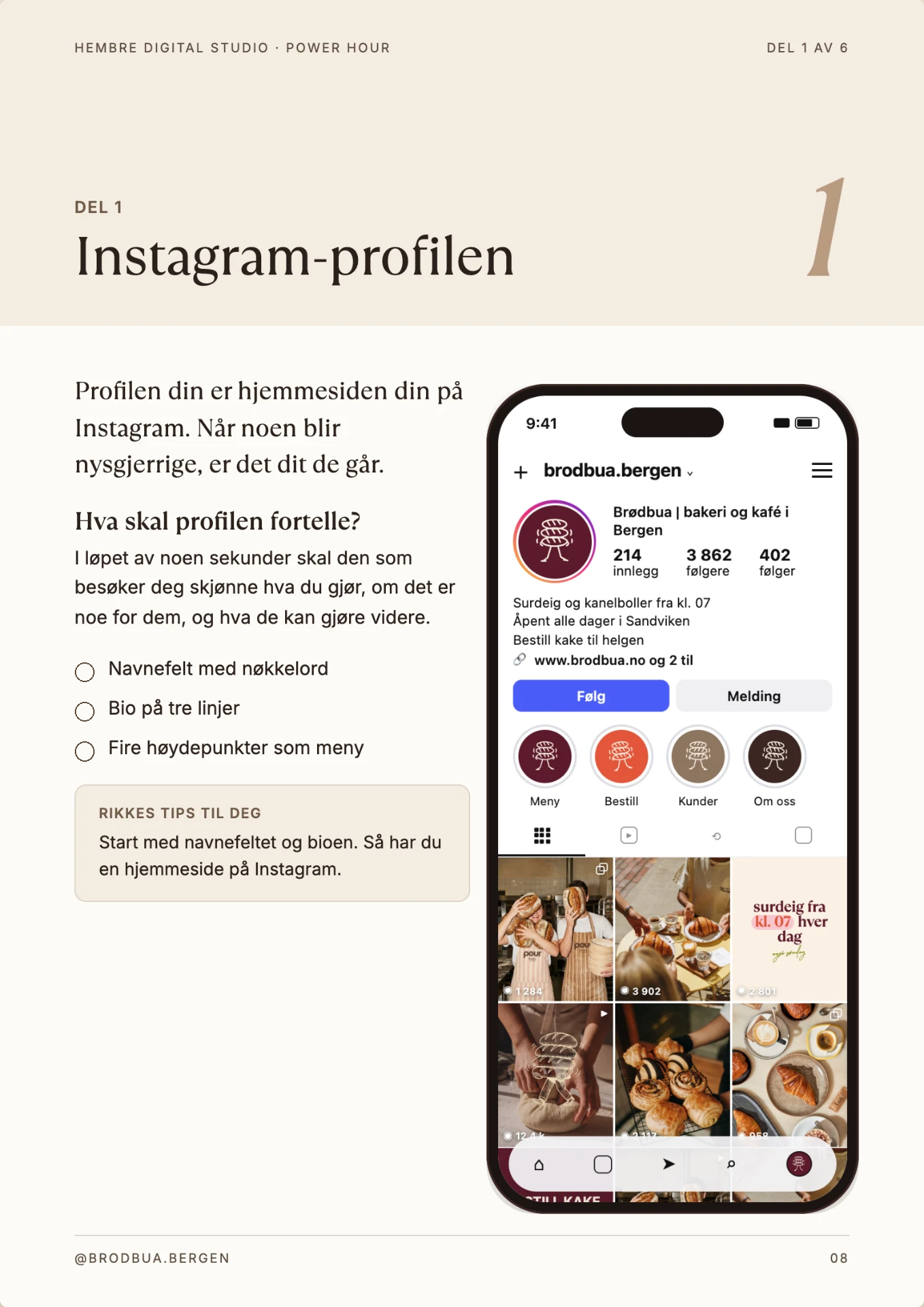 Arbeidsark om Instagram-profilen med runde avkryssinger og Brødbuas eksempelprofil