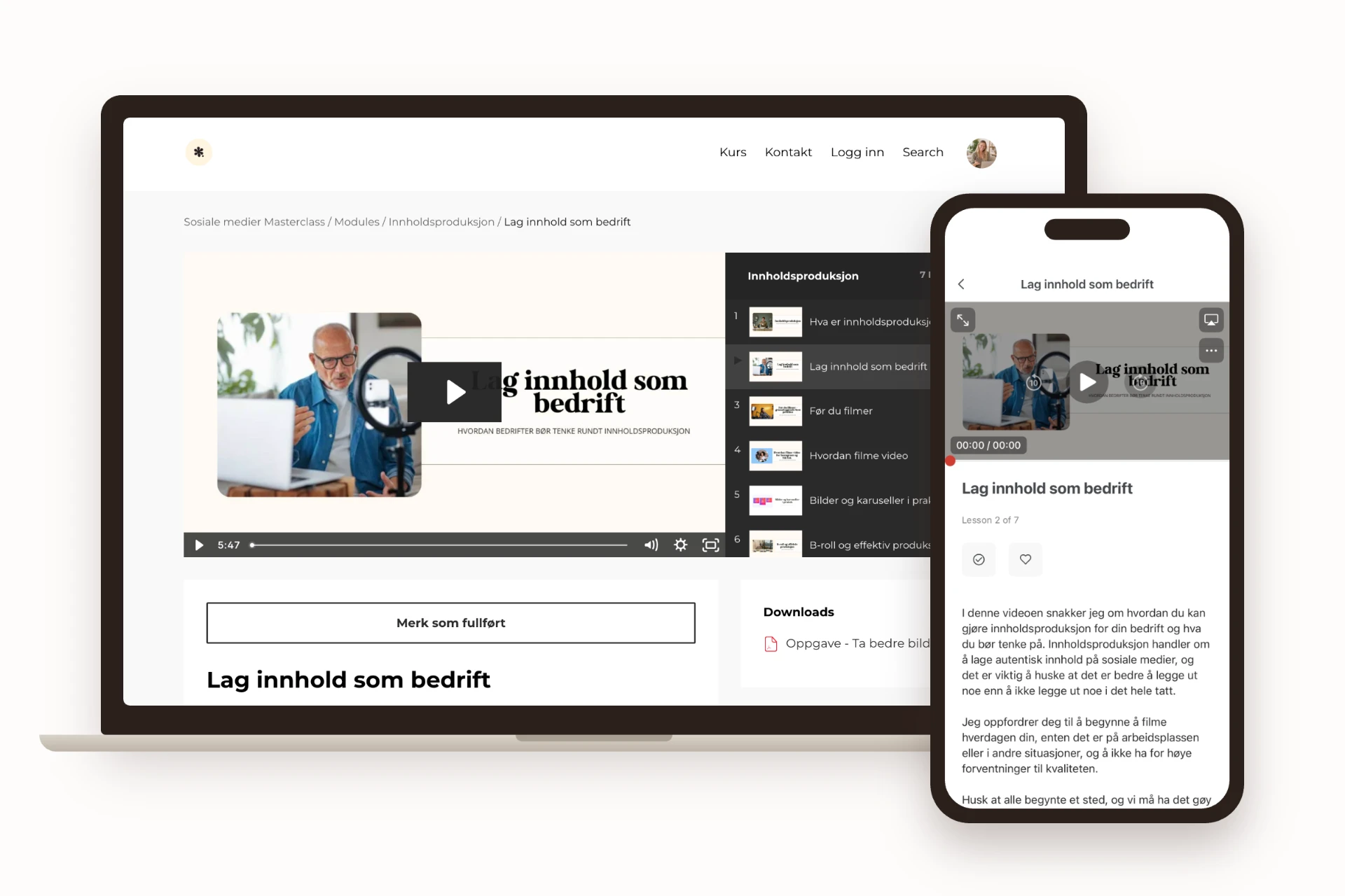 En leksjon med video på PC og mobil
