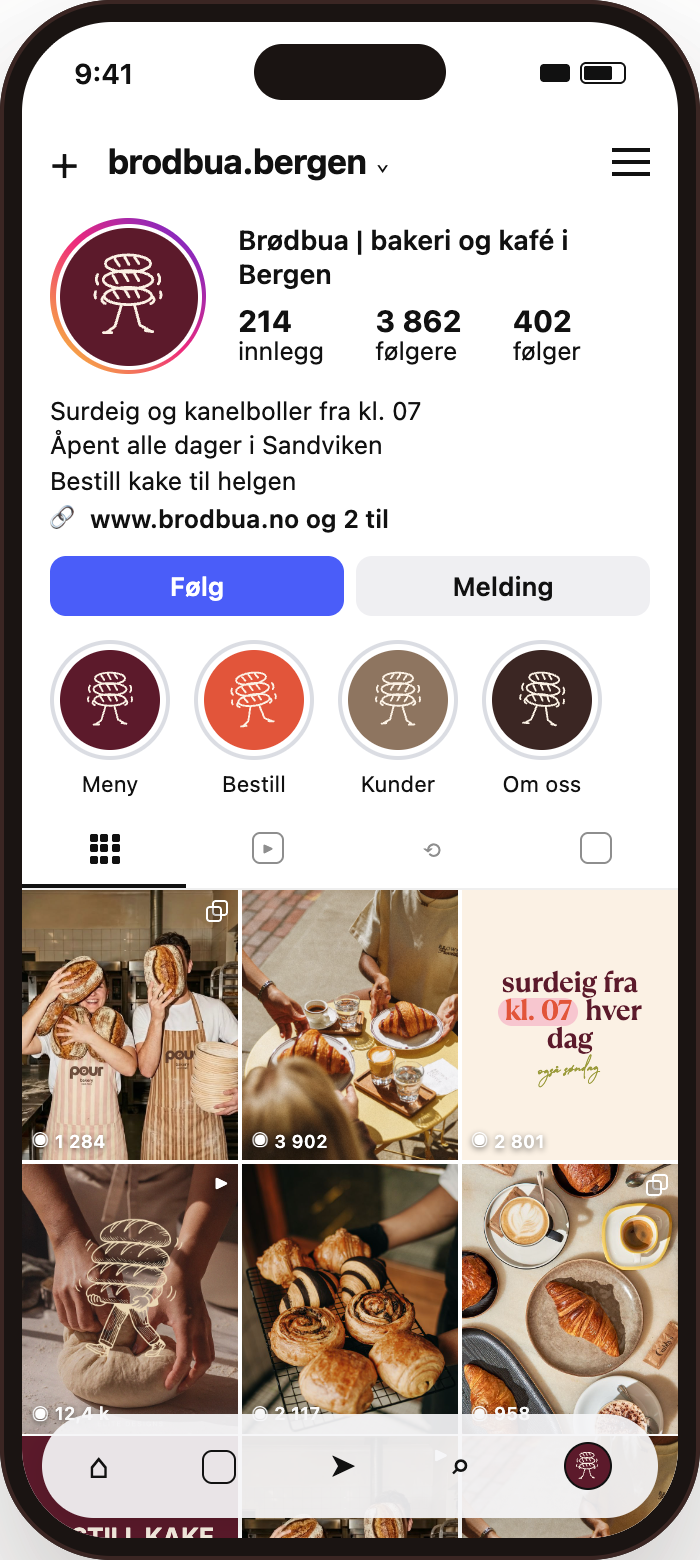 Eksempel på Brødbuas Instagram-profil med en tydelig bio og sammenhengende feed
